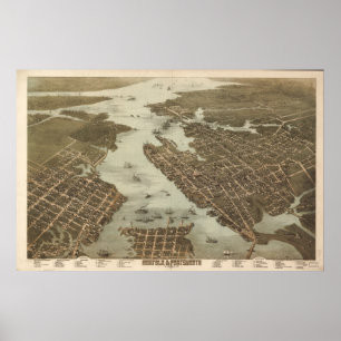 Póster Mapa panorámico 1873 de Norfolk-Portsmouth VA