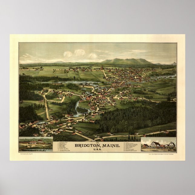 Póster Mapa Panorámico Antiguo Bridgeton Maine 1888 (Frente)