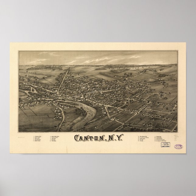 Póster Mapa Panorámico Antiguo Cantón Nueva York 1885 (Frente)