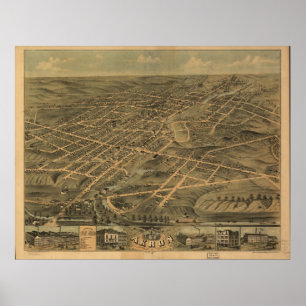 Póster Mapa panorámico antiguo de Akron Ohio 1870