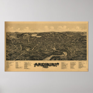 Póster Mapa panorámico antiguo de Amesbury Massachusetts