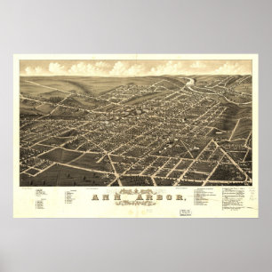 Póster Mapa panorámico antiguo de Ann Arbor Michigan 1880