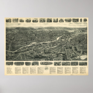 Póster Mapa Panorámico Antiguo de Ansonia Connecticut 192