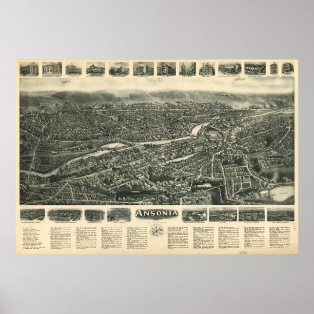 Póster Mapa Panorámico Antiguo de Ansonia Connecticut 192 (Frente)