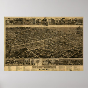 Póster Mapa Panorámico Antiguo de Birmingham Alabama 1885