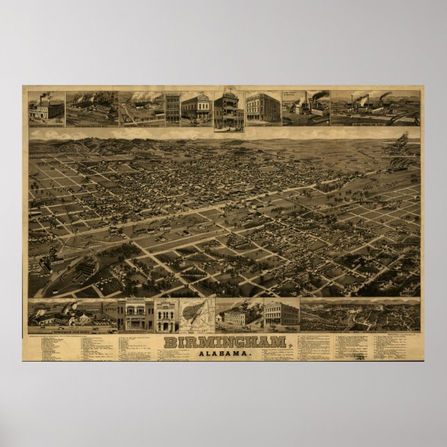 Póster Mapa Panorámico Antiguo de Birmingham Alabama 1885 (Frente)