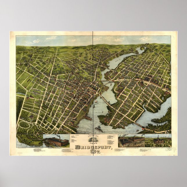 Póster Mapa Panorámico Antiguo de Bridgeport Connecticut  (Frente)