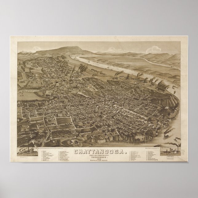 Póster Mapa panorámico antiguo de Chattanooga Tennessee 1 (Frente)