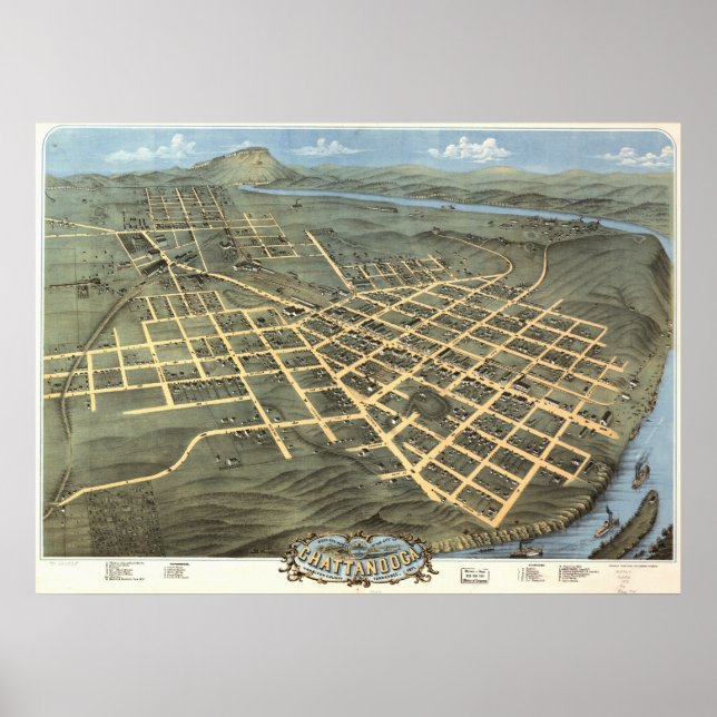 Póster Mapa panorámico antiguo de Chattanooga Tennessee 1 (Frente)