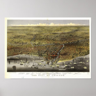 Póster Mapa panorámico antiguo de Chicago Illinois 1874
