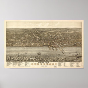 Póster Mapa panorámico antiguo de Cleveland Ohio 1877
