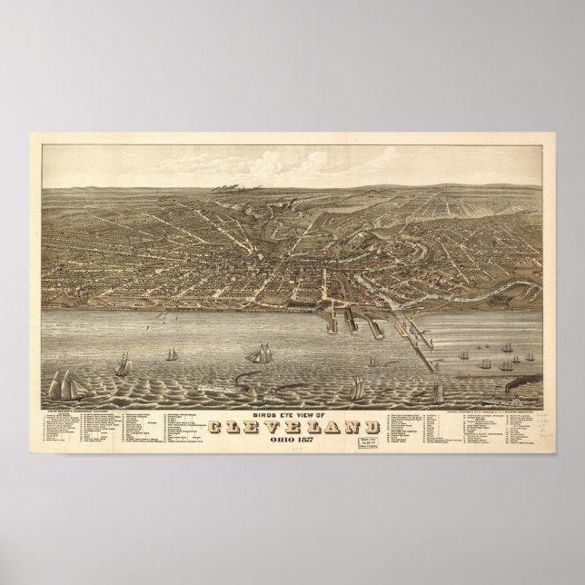 Póster Mapa panorámico antiguo de Cleveland Ohio 1877 (Frente)