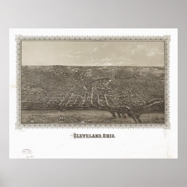 Póster Mapa panorámico antiguo de Cleveland Ohio 1887 (Frente)