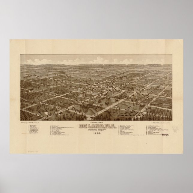 Póster Mapa panorámico antiguo de DeLand Florida 1884 (Frente)