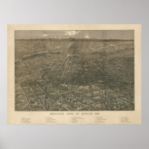 Póster Mapa panorámico antiguo de Denver Colorado 1887