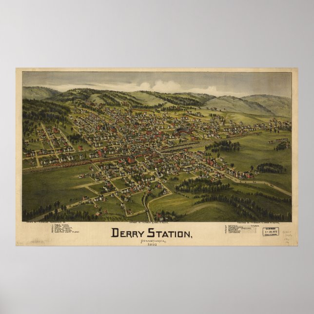 Póster Mapa panorámico antiguo de Derry Pennsylvania 1900 (Frente)