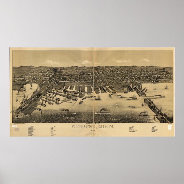 Póster Mapa panorámico antiguo de Duluth Minnesota 1887 (Frente)