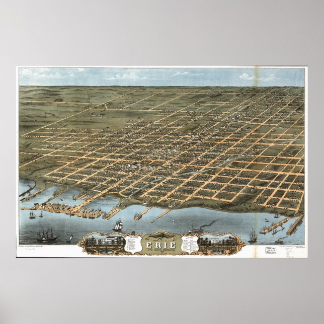 Póster Mapa Panorámico Antiguo de Erie Pennsylvania 1870 (Frente)