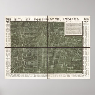 Póster Mapa panorámico antiguo de fuerte Wayne Indiana