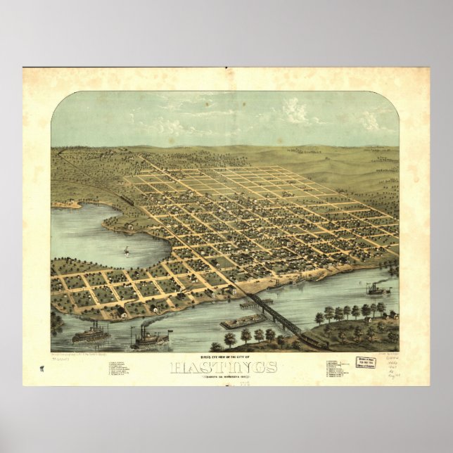 Póster Mapa panorámico antiguo de Hastings Minnesota 1867 (Frente)