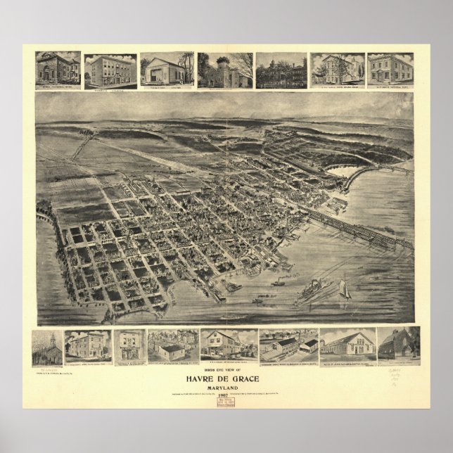 Póster Mapa panorámico antiguo de Havre de Grace Maryland (Frente)