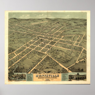 Póster Mapa panorámico antiguo de Huntsville Alabama 1871