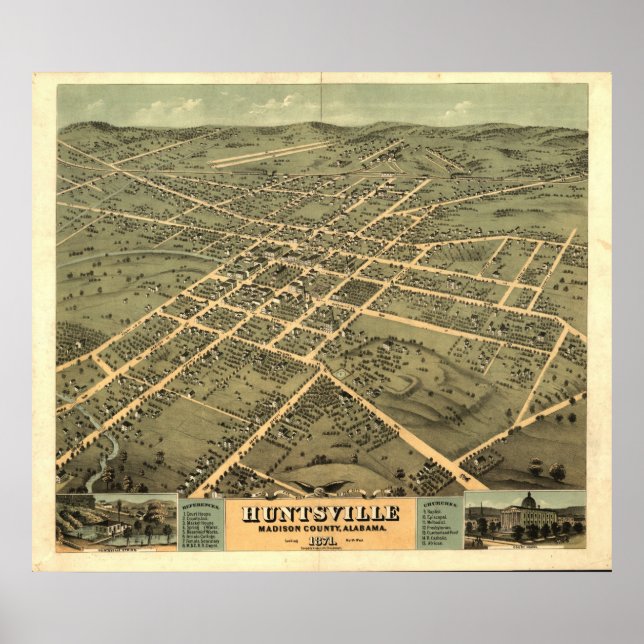 Póster Mapa panorámico antiguo de Huntsville Alabama 1871 (Frente)