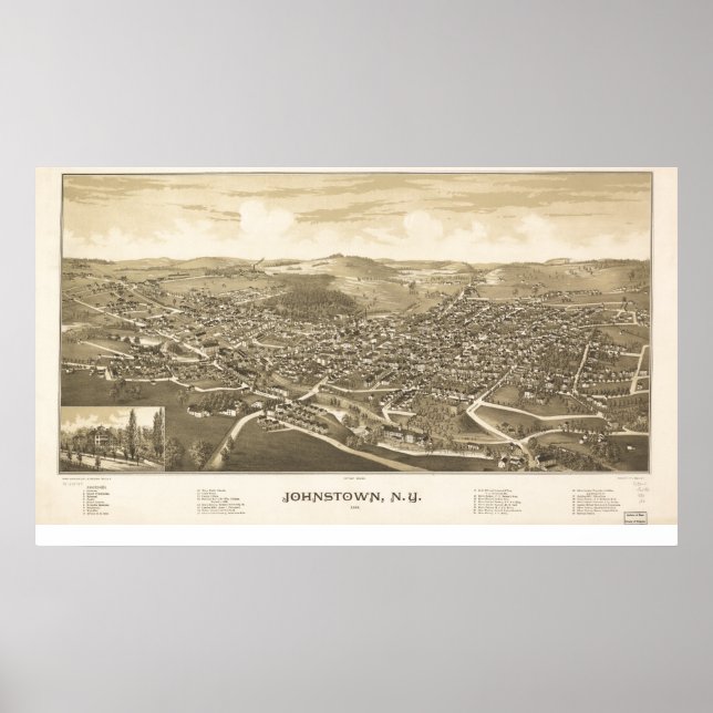 Póster Mapa panorámico antiguo de Johnstown New York 1888 (Frente)