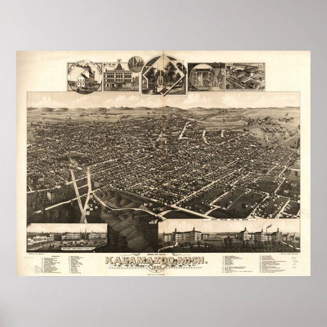 Póster Mapa panorámico antiguo de Kalamazoo Michigan 1883 (Frente)
