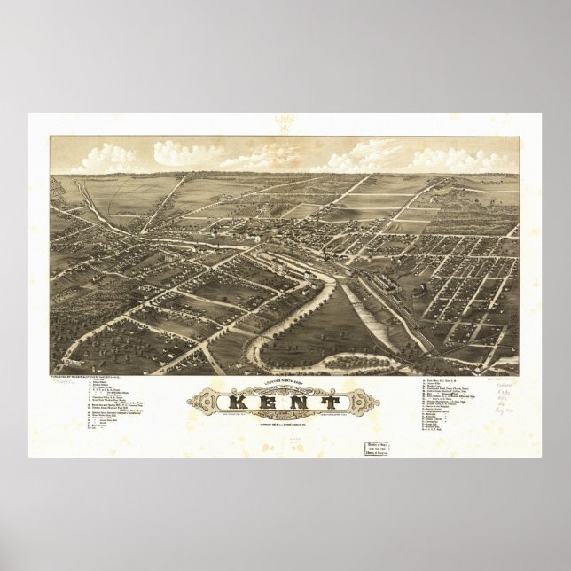 Póster Mapa panorámico antiguo de Kent Ohio 1882 (Frente)