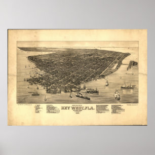 Póster Mapa panorámico antiguo de Key West la Florida