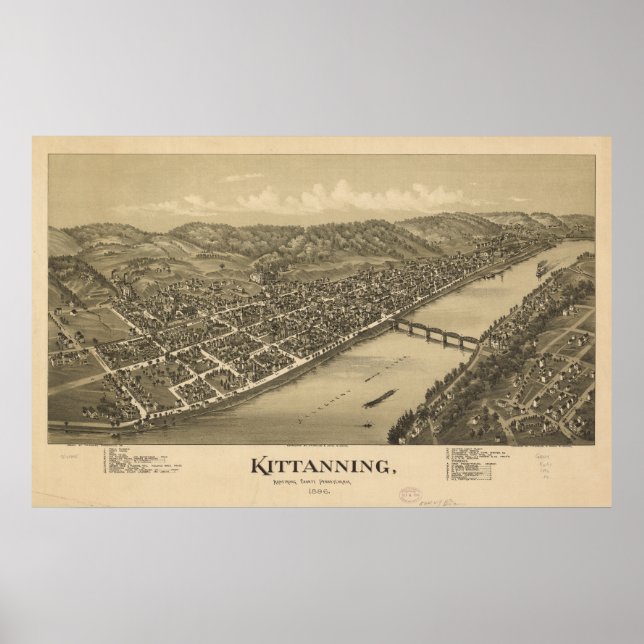 Póster Mapa Panorámico Antiguo de Kittanning Pennsylvania (Frente)