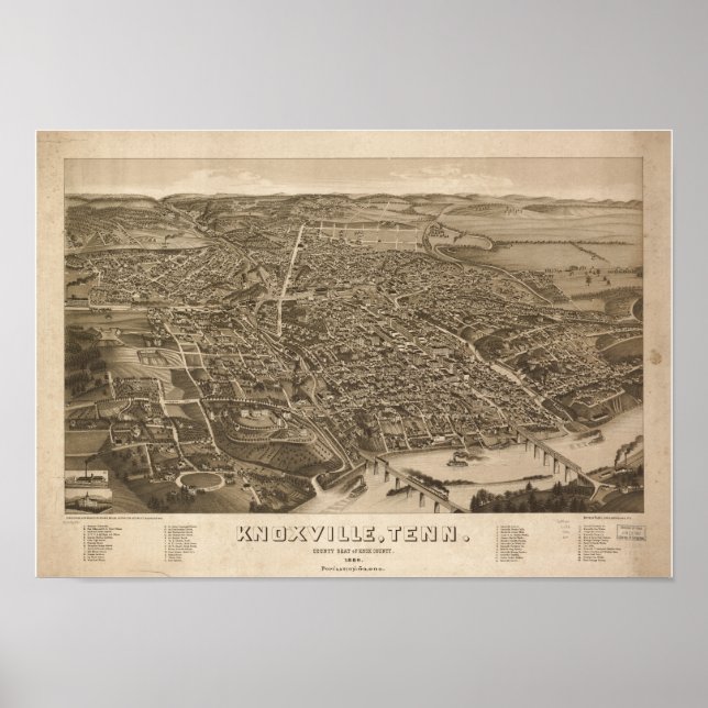 Póster Mapa panorámico antiguo de Knoxville Tennessee 188 (Frente)