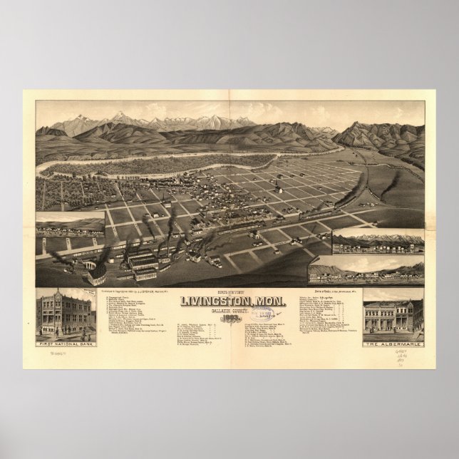 Póster Mapa Panorámico Antiguo de Livingston Montana 1883 (Frente)