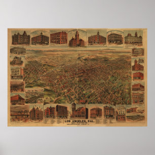 Póster Mapa panorámico antiguo de Los Ángeles California