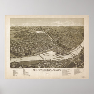 Póster Mapa panorámico antiguo de los WI 1886 de Chippewa