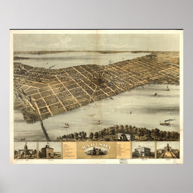 Póster Mapa panorámico antiguo de Madison WI 1867 (Frente)