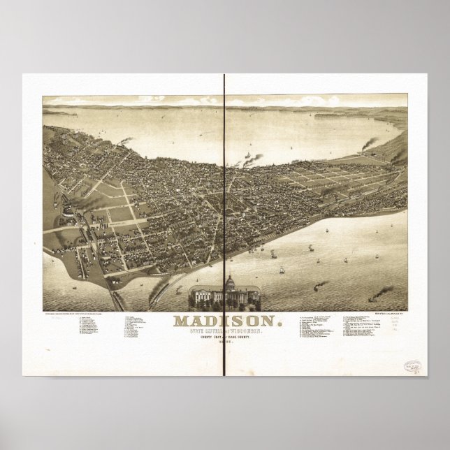 Póster Mapa panorámico antiguo de Madison WI 1885 (Frente)