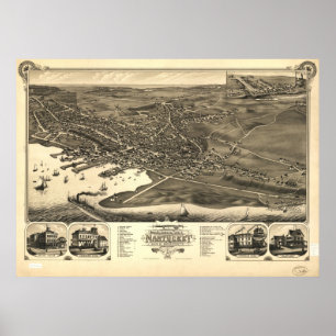 Póster Mapa panorámico antiguo de Massachusetts 1881 de