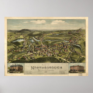 Póster Mapa panorámico antiguo de Massachusetts 1887 de
