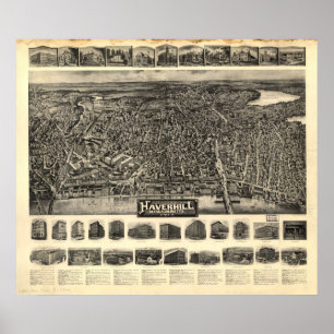 Póster Mapa panorámico antiguo de Massachusetts 1914 de