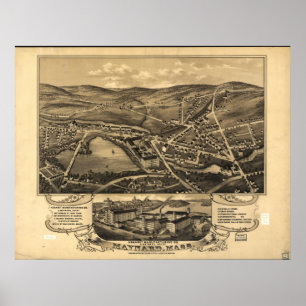 Póster Mapa panorámico antiguo de Maynard Massachusetts