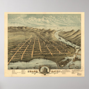 Póster Mapa panorámico antiguo de Michigan 1874