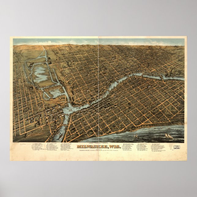 Póster Mapa panorámico antiguo de Milwaukee WI 1872 (Frente)