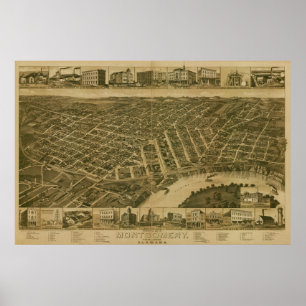 Póster Mapa panorámico antiguo de Montgomery Alabama 1887
