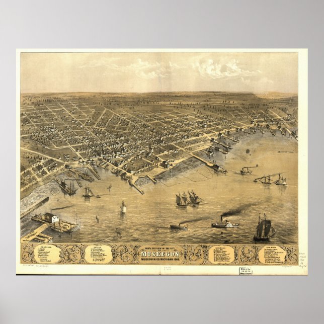 Póster Mapa Panorámico Antiguo de Muskegon Michigan 1868 (Frente)