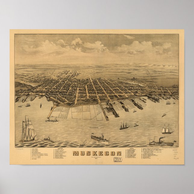 Póster Mapa Panorámico Antiguo de Muskegon Michigan 1874 (Frente)