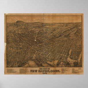 Póster Mapa panorámico antiguo de New Haven Connecticut