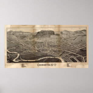 Póster Mapa panorámico antiguo de Oneonta Nueva York 1884