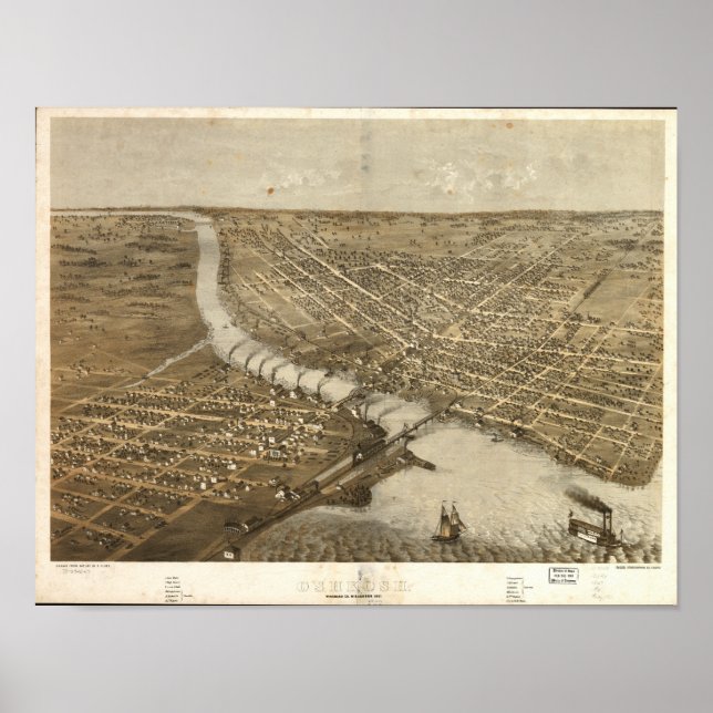 Póster Mapa panorámico antiguo de Oshkosh WI 1867 (Frente)